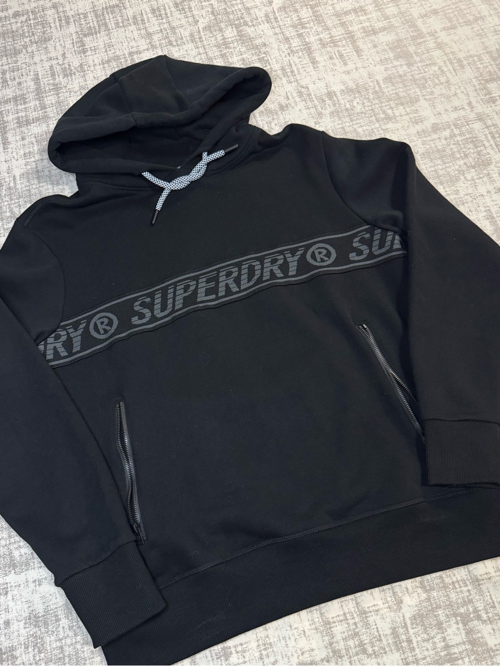 Superdry PREMIUM Black Logo Tape Pullover Hoodie Heavy 26 X 23.5 PTP